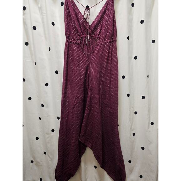 Free People sheer maroon silver pin striped balloon leg v-neck  jumpsuit XS - Picture 6 of 9